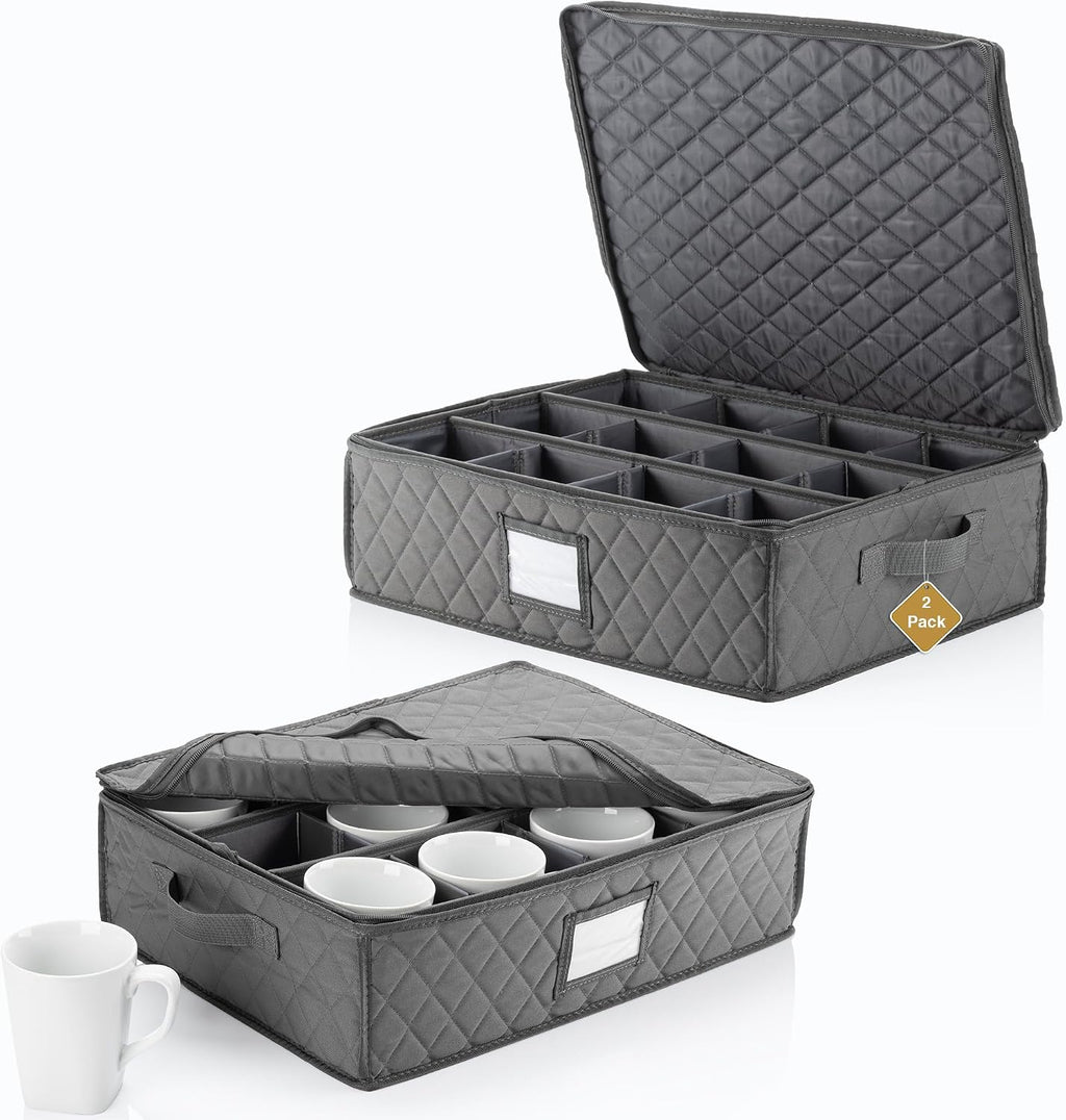 2 Pack - China Cup Storage Chests Hold 24 Coffee Cups or Mugs – Stackable Glassware Organizer with Customizable Dividers and Inner Case for Extra Protection – Gray