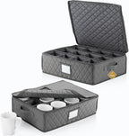 2 Pack - China Cup Storage Chests Hold 24 Coffee Cups or Mugs – Stackable Glassware Organizer with Customizable Dividers and Inner Case for Extra Protection – Gray