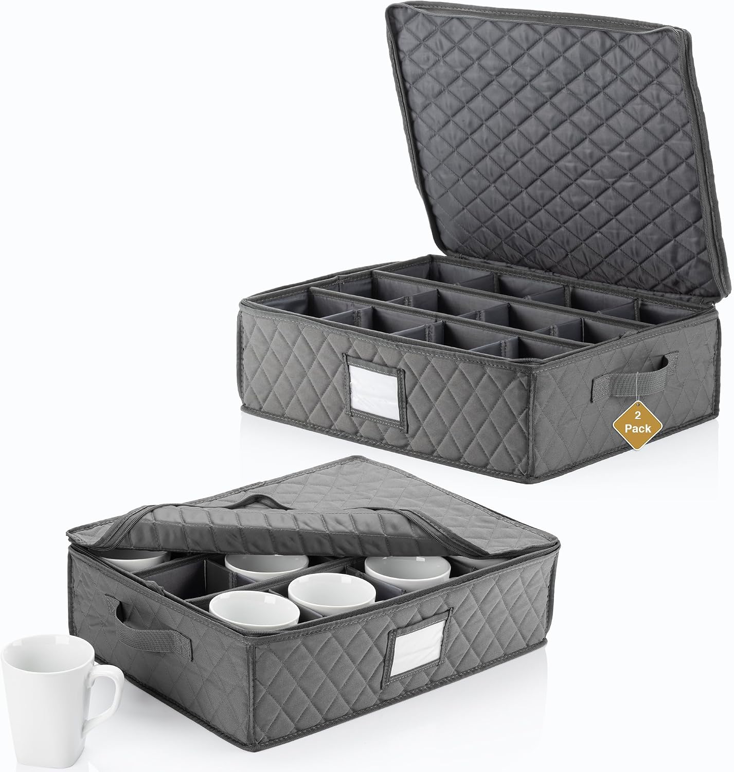 2 Pack - China Cup Storage Chests Hold 24 Coffee Cups or Mugs – Stackable Glassware Organizer with Customizable Dividers and Inner Case for Extra Protection – Gray