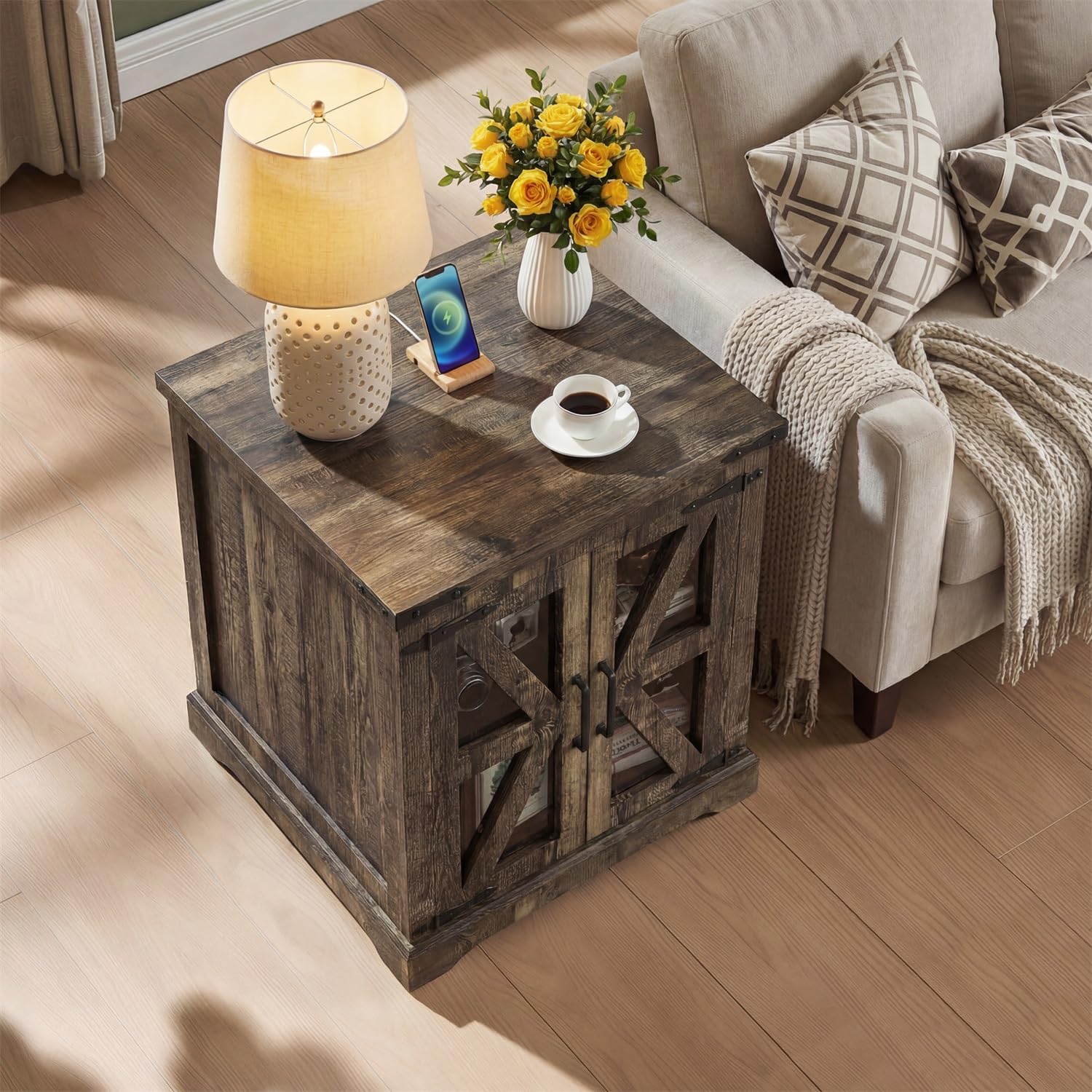 Farmhouse End Table, 24" Large End Tables with Storage, Rustic Square Sofa Beside Table with Glass Barn Door, Wood Side Table Square Nightstand for Living Room, Bedroom, Office (Antique Finish)