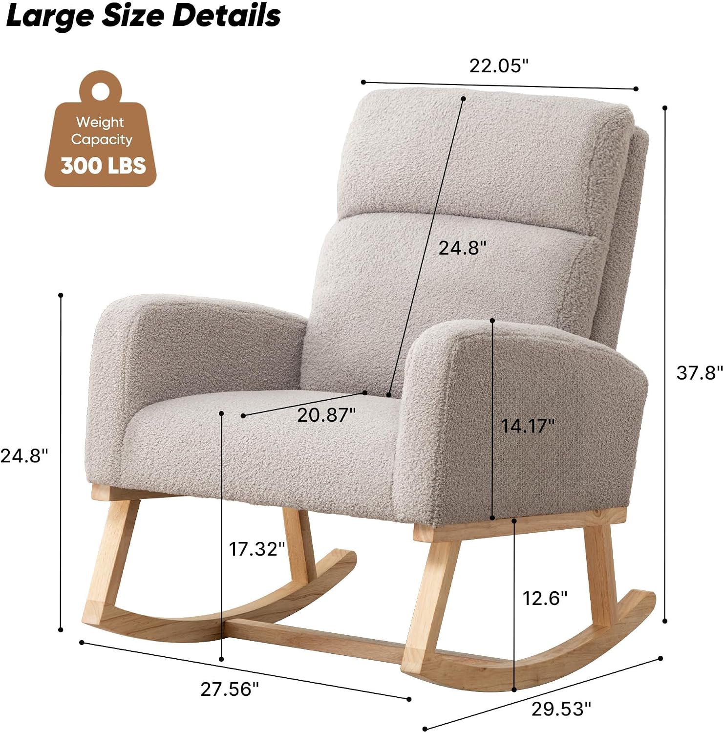 HCHAIRH Rocking Chair Nursery, Nursing Rocking Chairs, Upholstered Nursery Glider Rocker for Mom Nursery Morden Rocking Chair with Side Pocket for Living Room,Bedroom, Teddy Light Gray