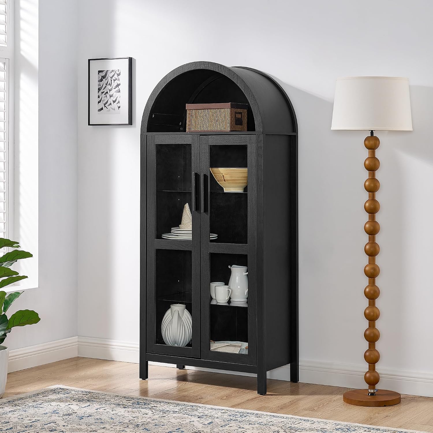 Polibi Arched Kitchen Cabinet with Light, Modern Retro 67" H Storage Display Cabinet with Adjustable Shelves & Glass Doors, for Living Room & Entryway,Black