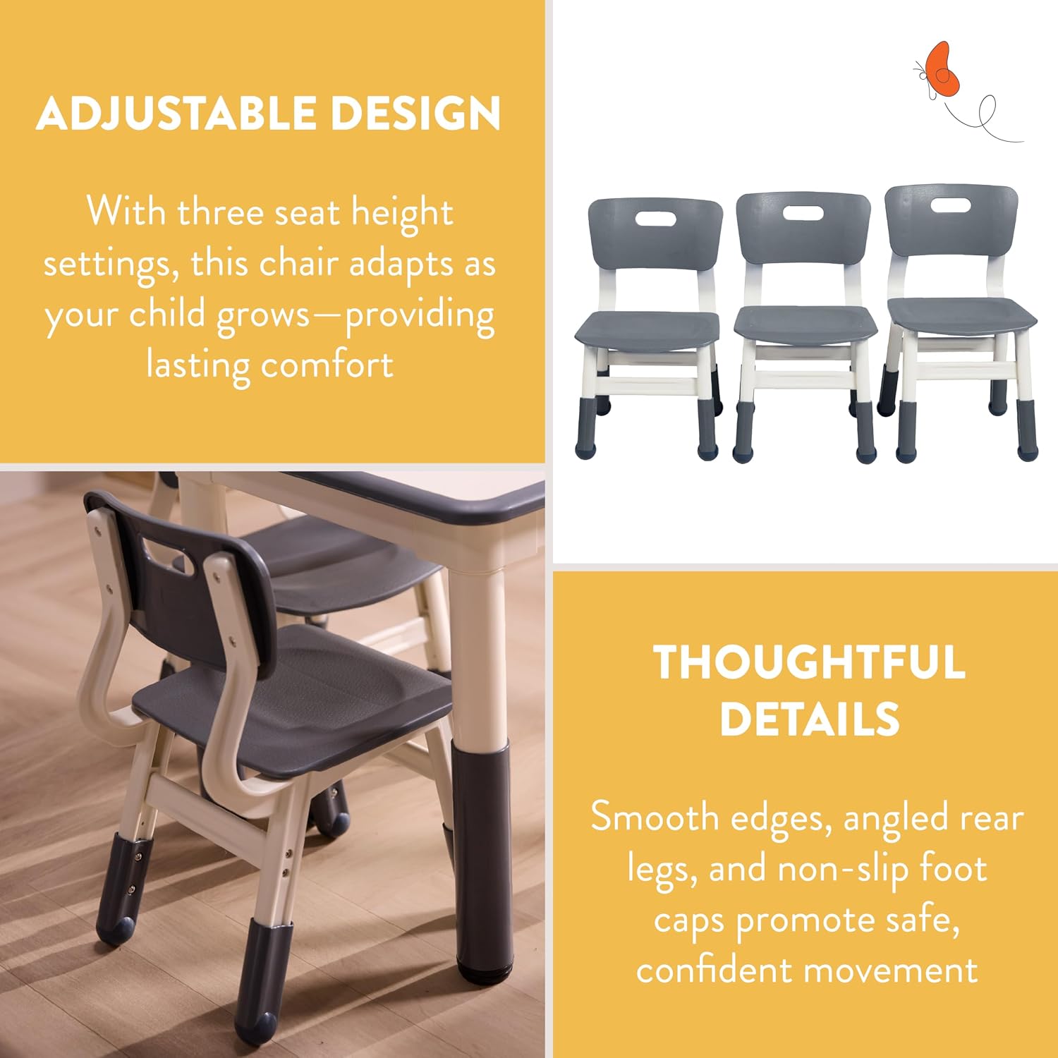 Back2School Express Adjustable Height Toddler Chairs, Kids Furniture, Grey, 2-Pack