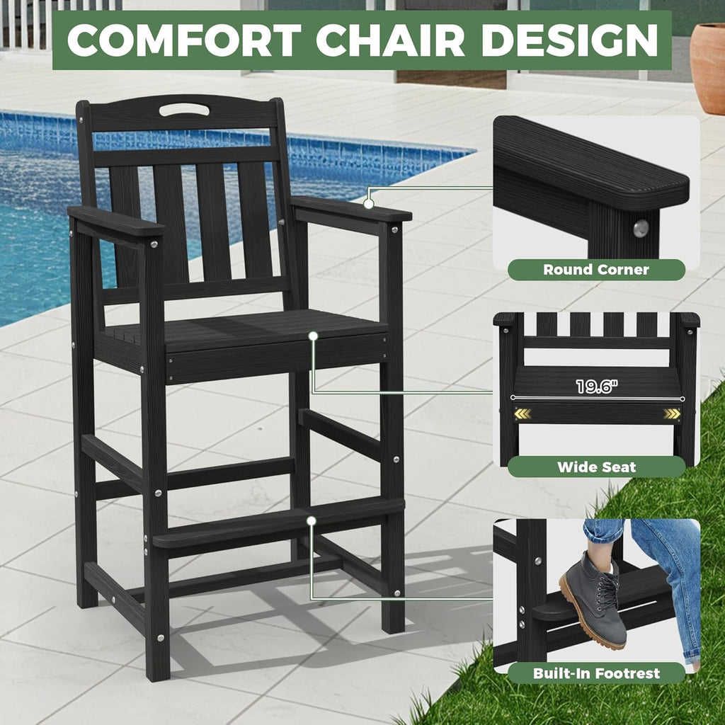 Outdoor Patio Tall Adirondack Bar Chairs Set of 2, All-Weather HDPE Bar Height Adirondack Stools for Balcony, Bistro, Garden, Backyard, Pool, Deck | Black