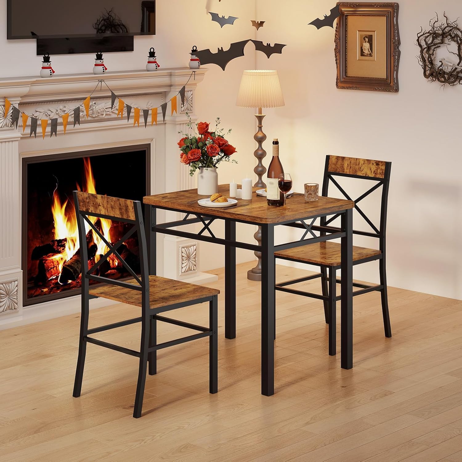 Zevemomo 3-Piece Dining Table Set, Dining Table for 2, Small Table and Chairs Set of 2, Breakfast Nook Table Set with 2 Curved Backrest Chairs, for Small Spaces & Apartment-Brown