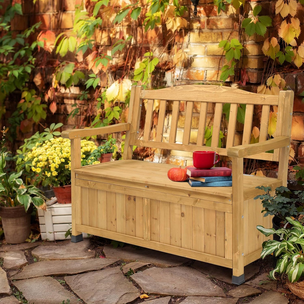 Outdoor Wooden Storage Bench with Armrests, Large Deck Box and Seating, Patio Organizer Loveseat, 44" Fir Wood, Weather Resistant for Garden, Backyard, Porch, Deck Box Seat for Porch Backyard Poolside