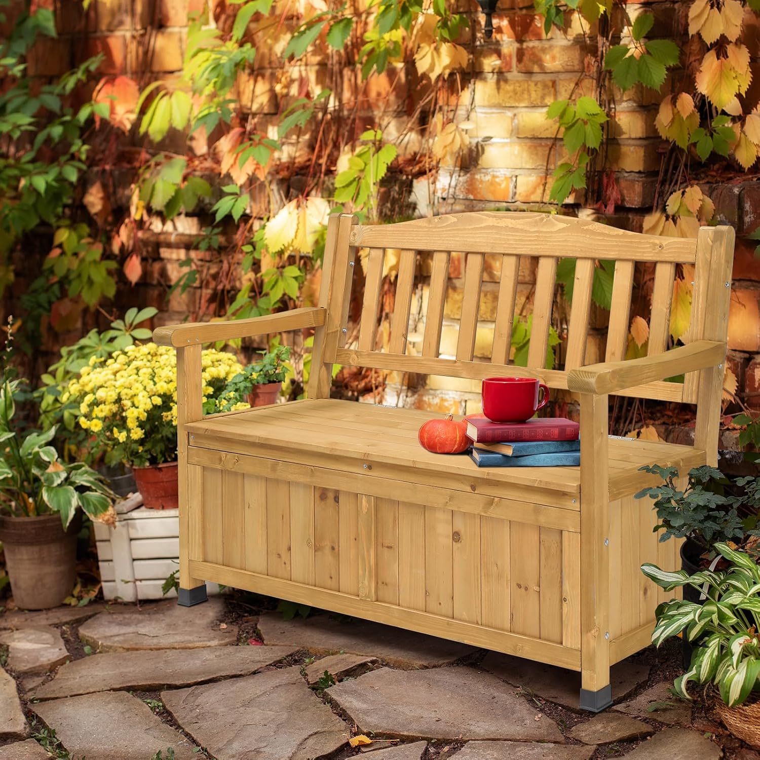 Outdoor Wooden Storage Bench with Armrests, Large Deck Box and Seating, Patio Organizer Loveseat, 44" Fir Wood, Weather Resistant for Garden, Backyard, Porch, Deck Box Seat for Porch Backyard Poolside