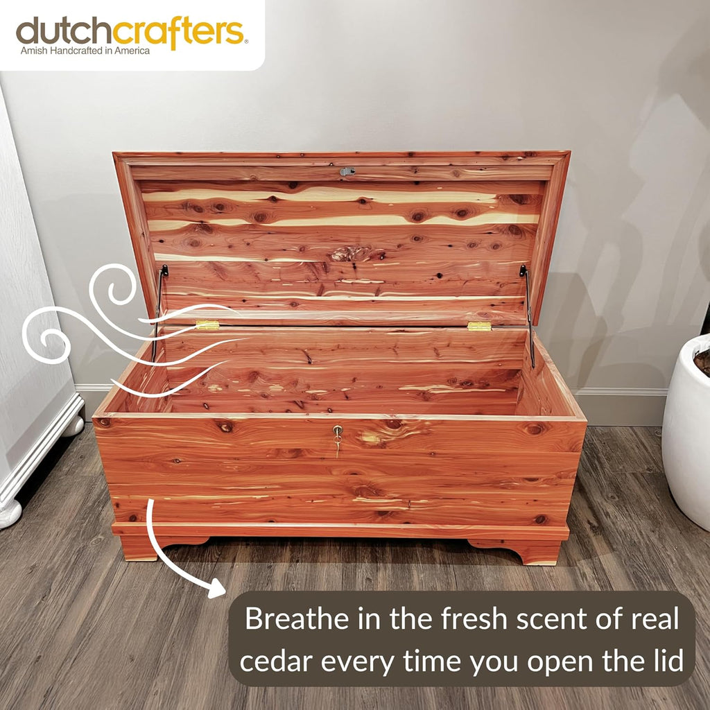 DutchCrafters Red Cedar Wood Blanket Storage for Living Room, Fully Lined Hope Chest, Bedroom Bench, Lockable Storage Box, Locking Chest with Handles and Waterfall Edge - Amish Made in USA (45" Large)