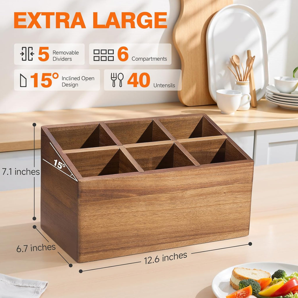 Wooden Utensil Holder Counter, Kitchen Utensil Organizer Large 6 Compartment Cooking Utensils Holder, Acacia Rustic Wood Farmhouse Storage Container Crocks for Silverware and Cooker Set