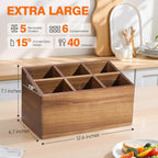 Wooden Utensil Holder Counter, Kitchen Utensil Organizer Large 6 Compartment Cooking Utensils Holder, Acacia Rustic Wood Farmhouse Storage Container Crocks for Silverware and Cooker Set