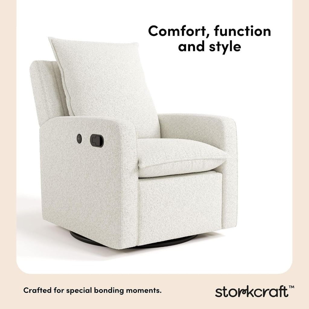 Storkcraft Timeless Recliner Glider with USB Charging Port (Ivory Boucle) - Ultimate Nursery Rocking Chair, Baby Glider Chair for Nursery, 360° Swivel Recliner, Plush Upholstery