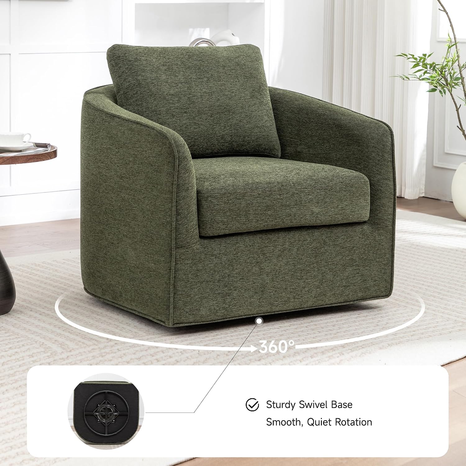 MINCETA Swivel Accent Chairs, Oversized Swivel Barrel Chair with High Density Foam, Linen Fabric Reading Chairs, Upholstered Armchair for Living Room, Bedroom, No Assembly, Green