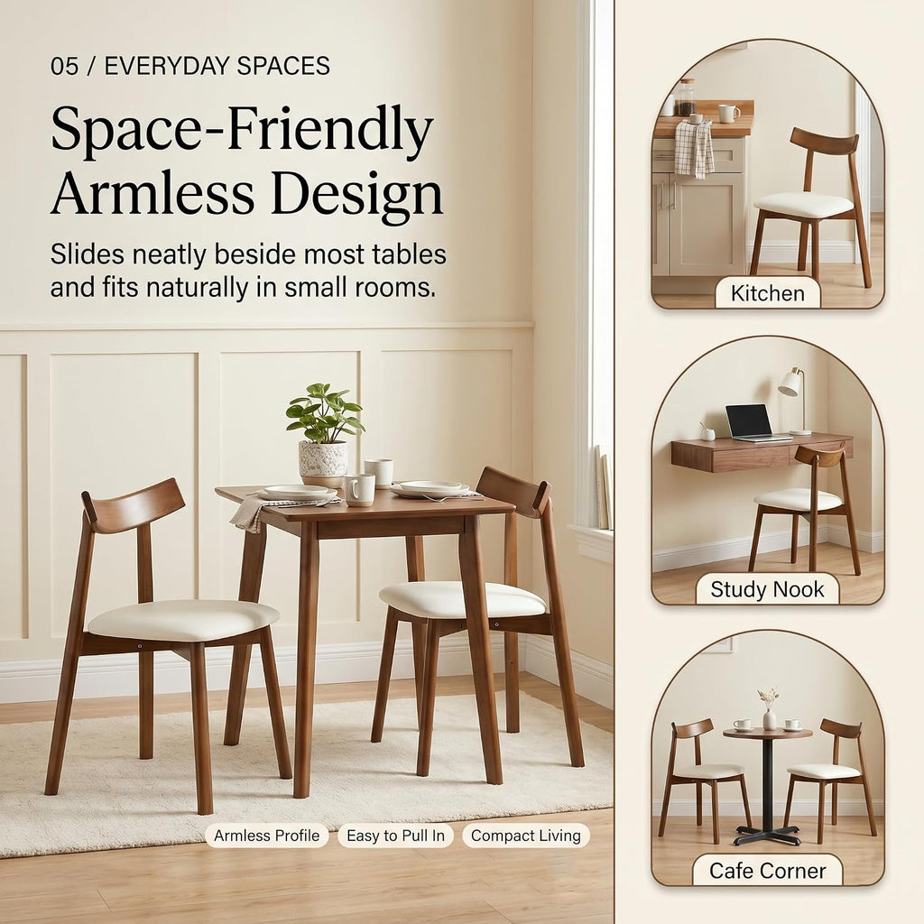 Dining Chairs Set of 2, Walnut Solid Wood Kitchen Chairs with White PU Leather Padded Seat, Curved Backrest, Mid Century Modern Armless Side Chairs for Dining Room, Kitchen, Living Room, Cafe