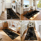 Elegant Black Runner Rug with Geometric Marble & Gold Greek Key Design, Low Pile Non-Slip Hallway Carpet, Washable Kitchen Floor Mat, for Living Room Bedroom Entryway Home Office Decor, 2' x 8'