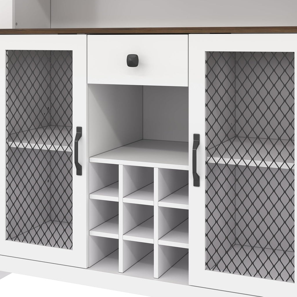 70.9" Farmhouse Kitchen Hutch Cabinet with Charging Station, 2 AC Outlets & 2 USB Ports, Built-in Wine Rack for 9 Bottles, Stemware Holder & LED Light, Freestanding Pantry Storage Cabinet (White)