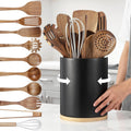 SiliFine 11 Pcs Wooden Kitchen Utensils Set with 360° Rotating Holder Acacia Wood Cooking Utensils with Cooking Spoons Spatulas for Nonstick Cookware Countertop(Straight Wood Holder,Black)
