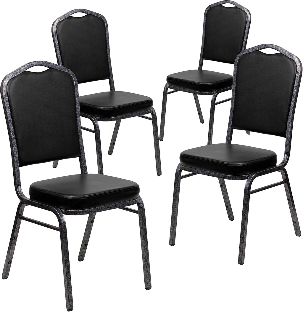 BizChair 4 Pack Crown Back Stacking Banquet Chair in Black Vinyl - Silver Vein Frame