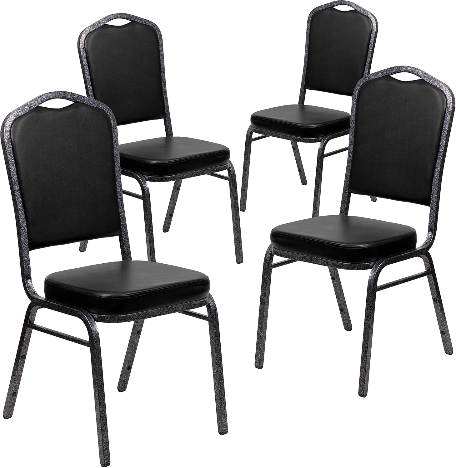 BizChair 4 Pack Crown Back Stacking Banquet Chair in Black Vinyl - Silver Vein Frame