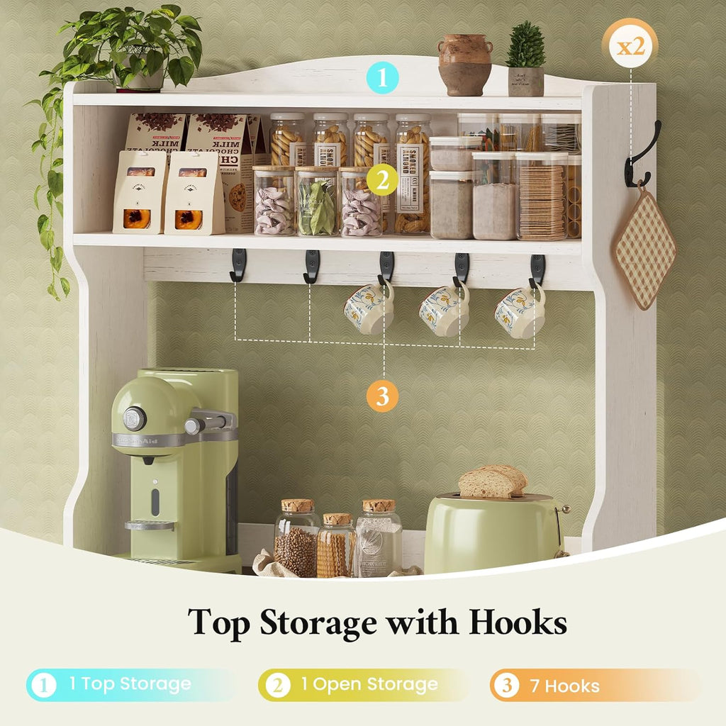 Bakers Rack with Storage and Power Outlet, Farmhouse Coffee Bar Cabinet, Microwave Stand with Storage Cabinet, 7 Hooks and Curved Design for Kitchen, Dining Room, Coffee Bar, Walnut, White