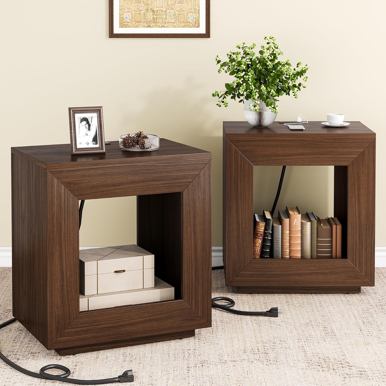 Rustic Wood End Table with Charging Station, 2 Tiered Side Table with Light Strip for Living Room, Entrance, Industrial Nightstand for Bedroom (Rustic Brown, 2pcs)