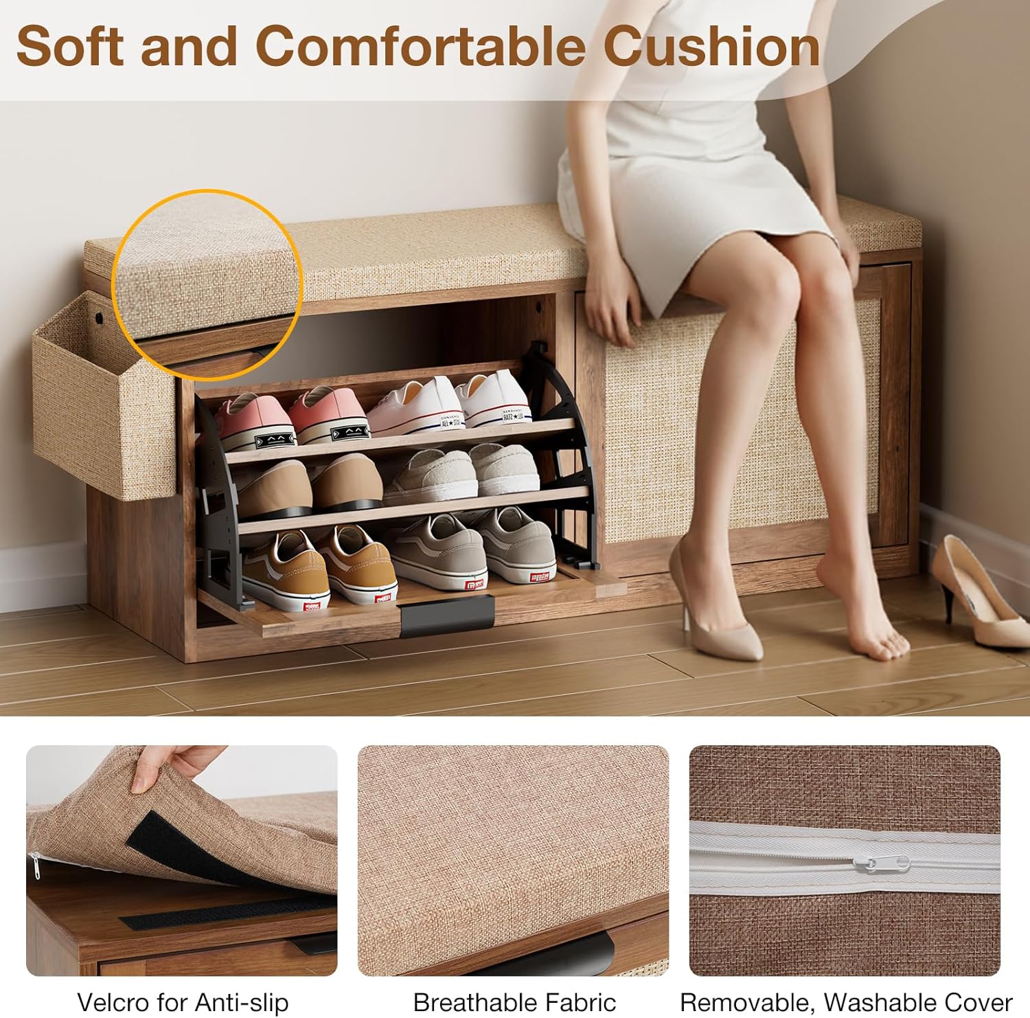 HOMMPA Shoe Storage Bench, Entryway Bench with Shoe Storage & 2 Flip Drawer & Seat Cushion, Rattan Hidden Shoe Rack Bench, Wooden Entry Way Shoe Cabinet for Hallway, Bedroom, Mudroom