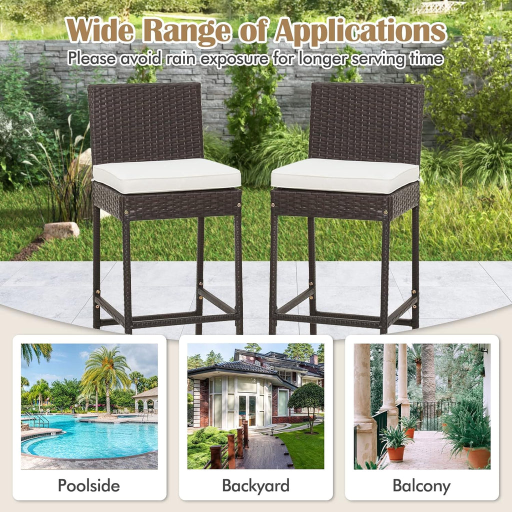 RELAX4LIFE Outdoor Bar Stools Set of 2 - Wicker Rattan Patio Barstools Tall Chairs w/Back, Footrest, Seat Cushions & Metal Frame, 400LBS Weight Capacity, 30’’ Counter Height Bar Stools (1, Mix Brown)