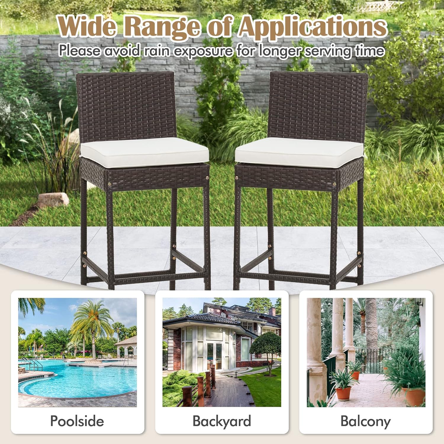 RELAX4LIFE Outdoor Bar Stools Set of 2 - Wicker Rattan Patio Barstools Tall Chairs w/Back, Footrest, Seat Cushions & Metal Frame, 400LBS Weight Capacity, 30’’ Counter Height Bar Stools (1, Mix Brown)