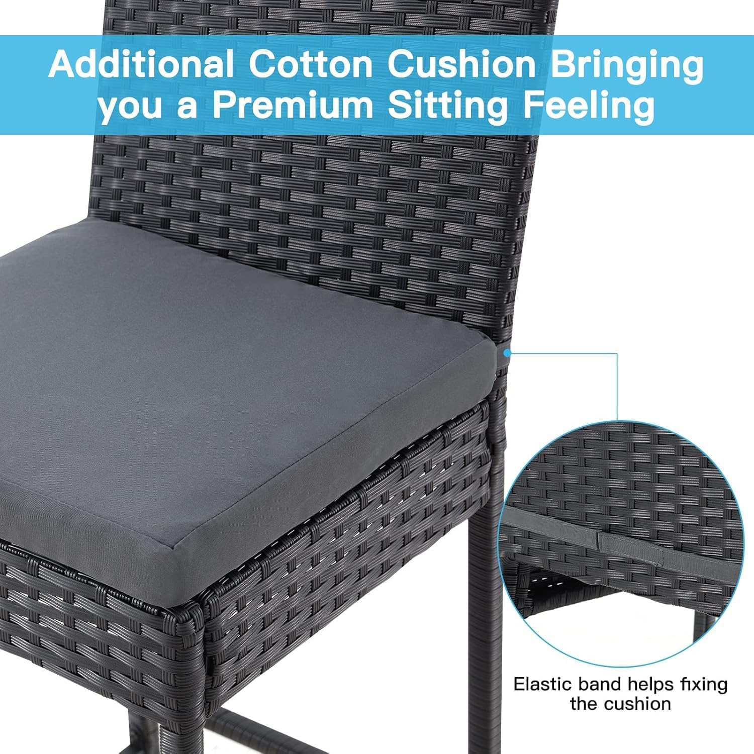 ECOTOUGE Outdoor Bar Stools Set of 4, Wicker Woven Patio Stools & Patio Bar Chairs with Seat Cushion and Cozy Footrest, Rattan Furniture Armless Counter Height for Pool Lawn Porch Backyard, Black