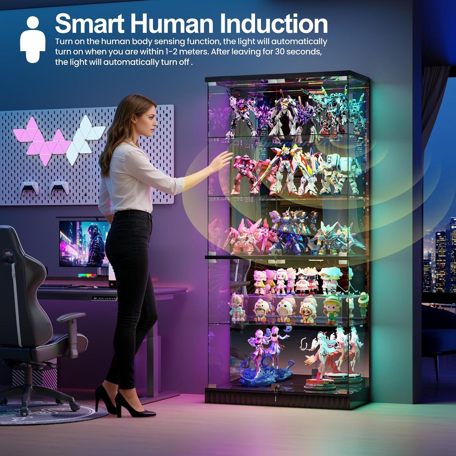 Glass Display Cabinet with Human Body Sensing RGB Lights,5-Tiers Curio Cabinet Display Case with Lock, Frameless Tall Showcase Display Shelf for Collectibles, Living Room Bookcase Storage Cabinet