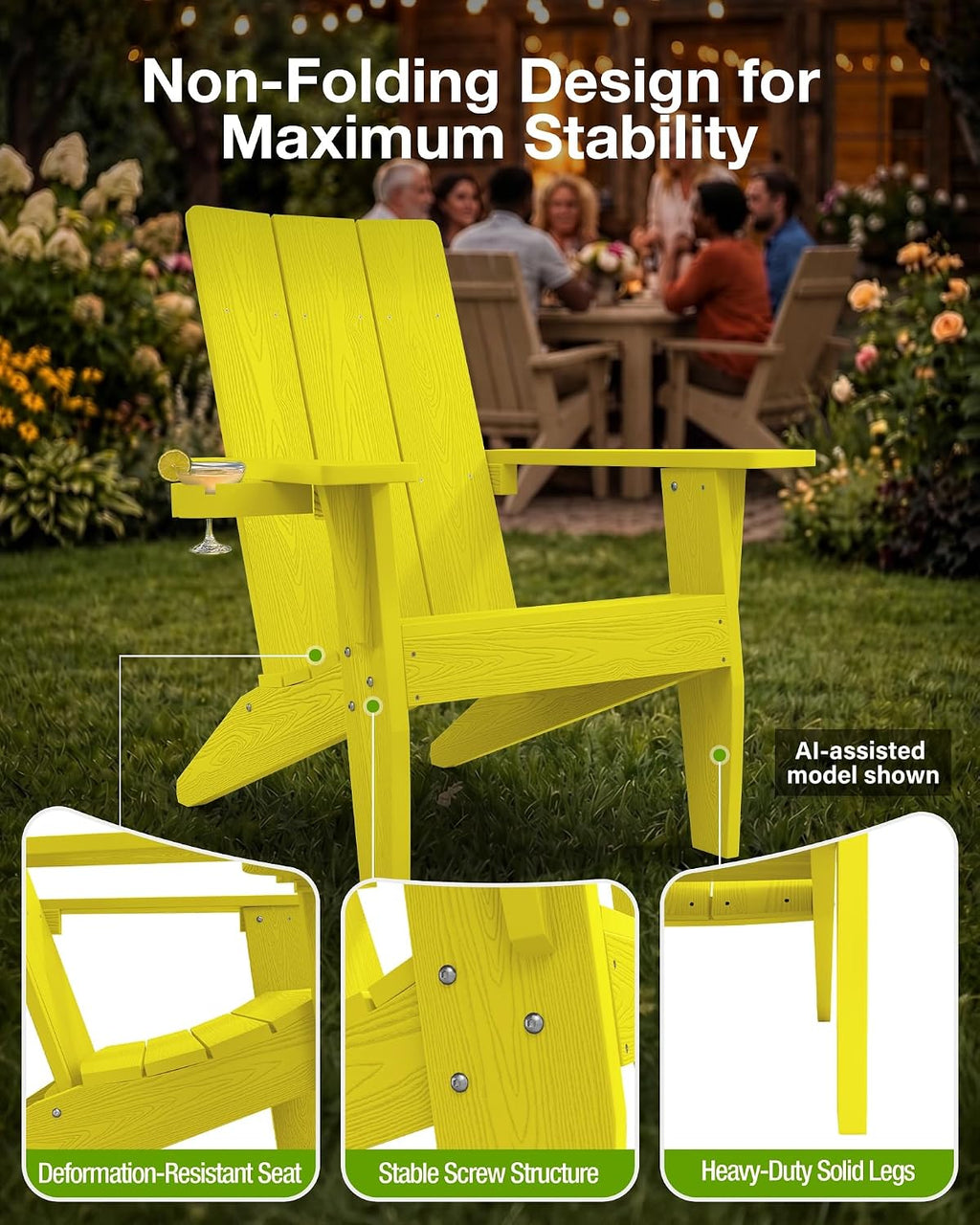 MXIMU Adirondack Chairs Set of 4 Outdoor: 450lb Capacity&33in Tall Backrest Oversized Modern Adirondack Chairs - Comfortable All-Weather Fire Pit Chair - Easy Assembly True Wood Grain Lawn Chair