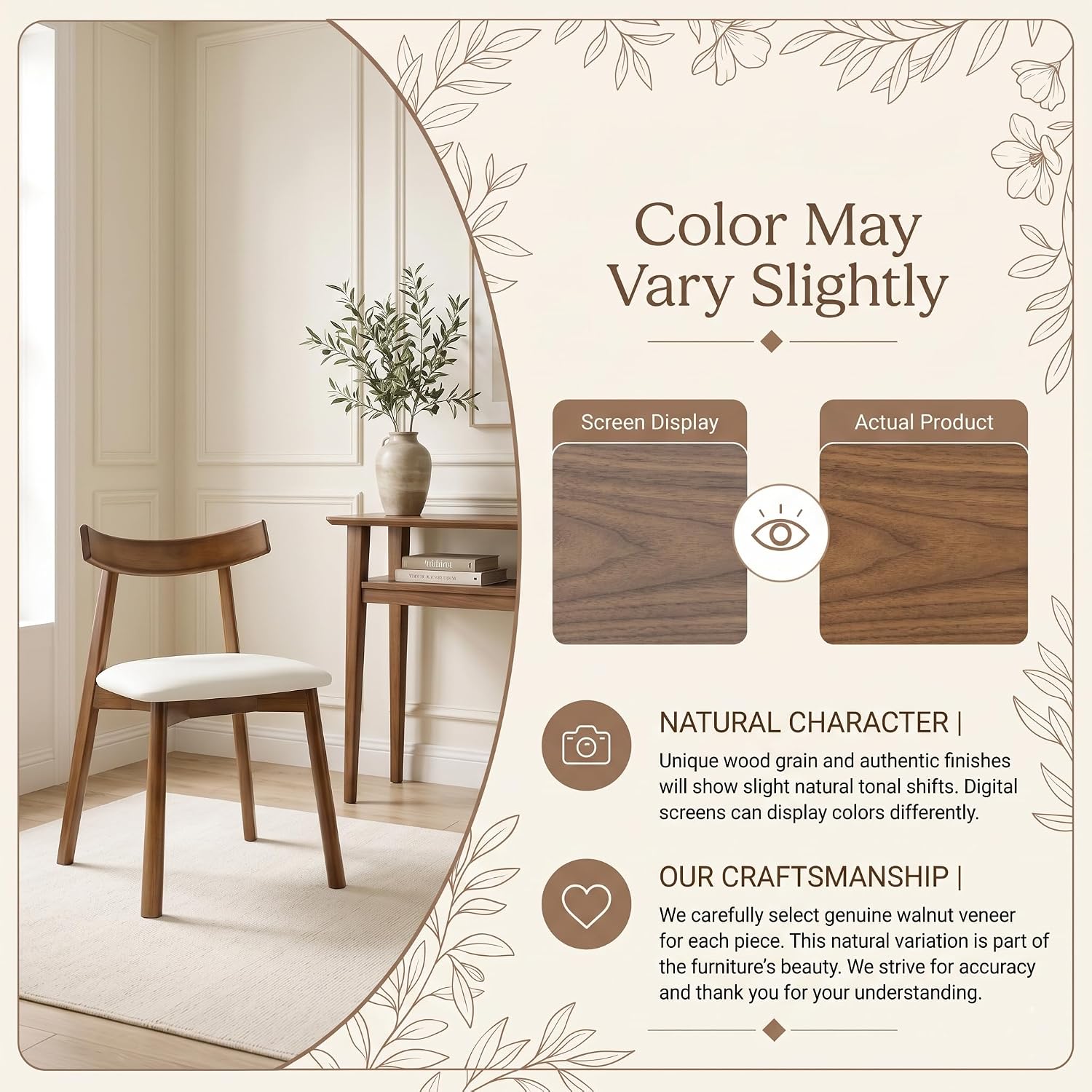 Dining Chairs Set of 2, Walnut Solid Wood Kitchen Chairs with White PU Leather Padded Seat, Curved Backrest, Mid Century Modern Armless Side Chairs for Dining Room, Kitchen, Living Room, Cafe