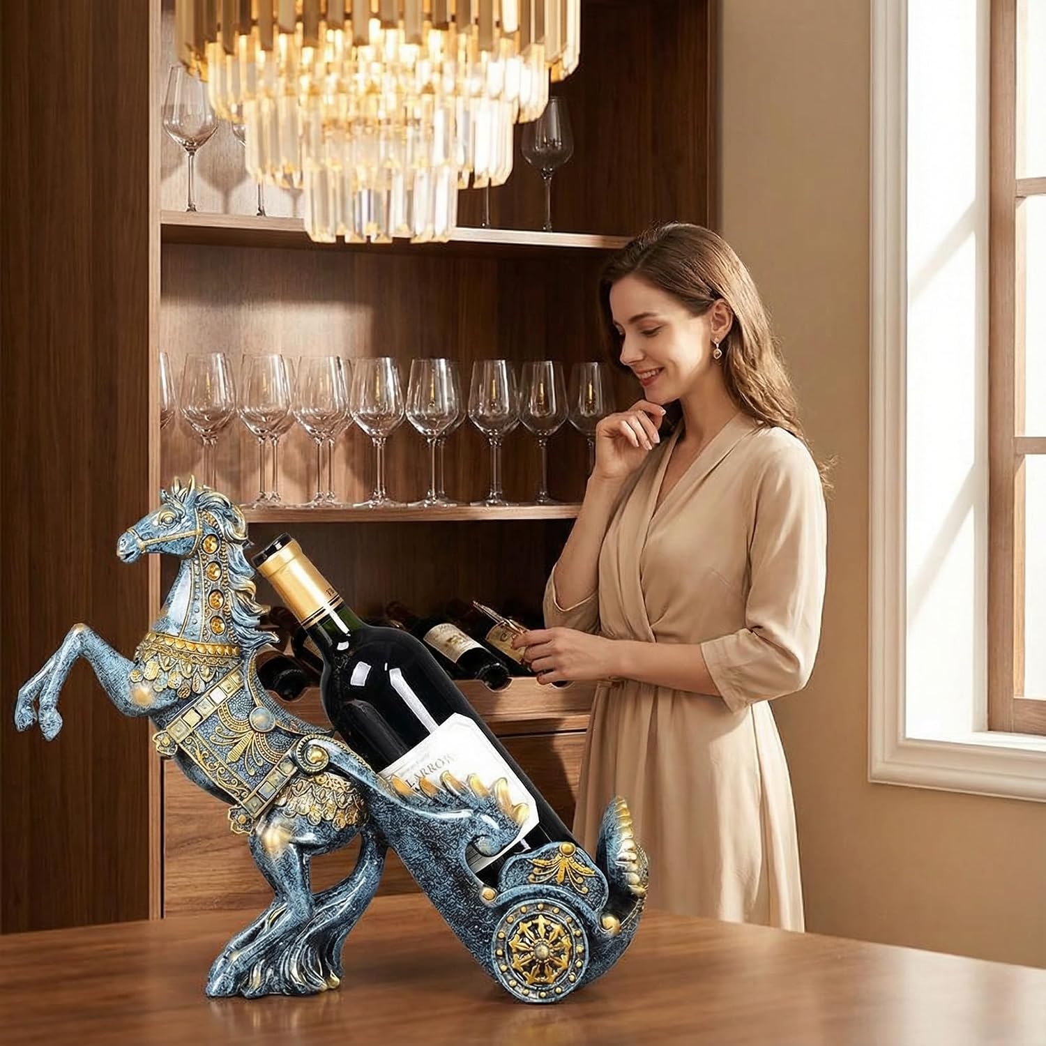 Horse Sculpture Resin Wine Bottle Holder - Tabletop Kitchen Decor, Decorative Storage Organizer for Home Bar Cellar, Unique Gift for Men Women Housewarming, Holds 1 Standard Bottle (Blue A)