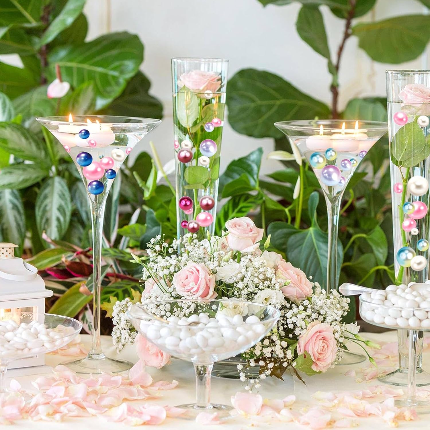 150Pieces Floating NO Hole Pearls for Centerpiece Glass Vases,Floating Silver Pearls Beads for Tall Vase Filler Floatings Candles for Wedding Table Decor