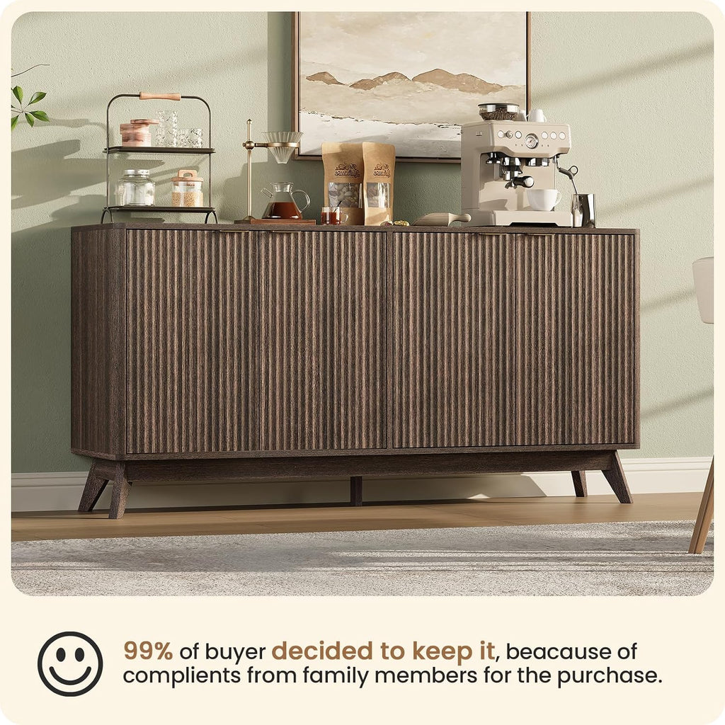 59'' Sideboard Buffet Storage Cabinet with Metal Handle, Fluted Cabinet with Rounded Corners, Modern Buffet Table Accent with 4 Doors for Coffee Bar, Console Table,Walnut