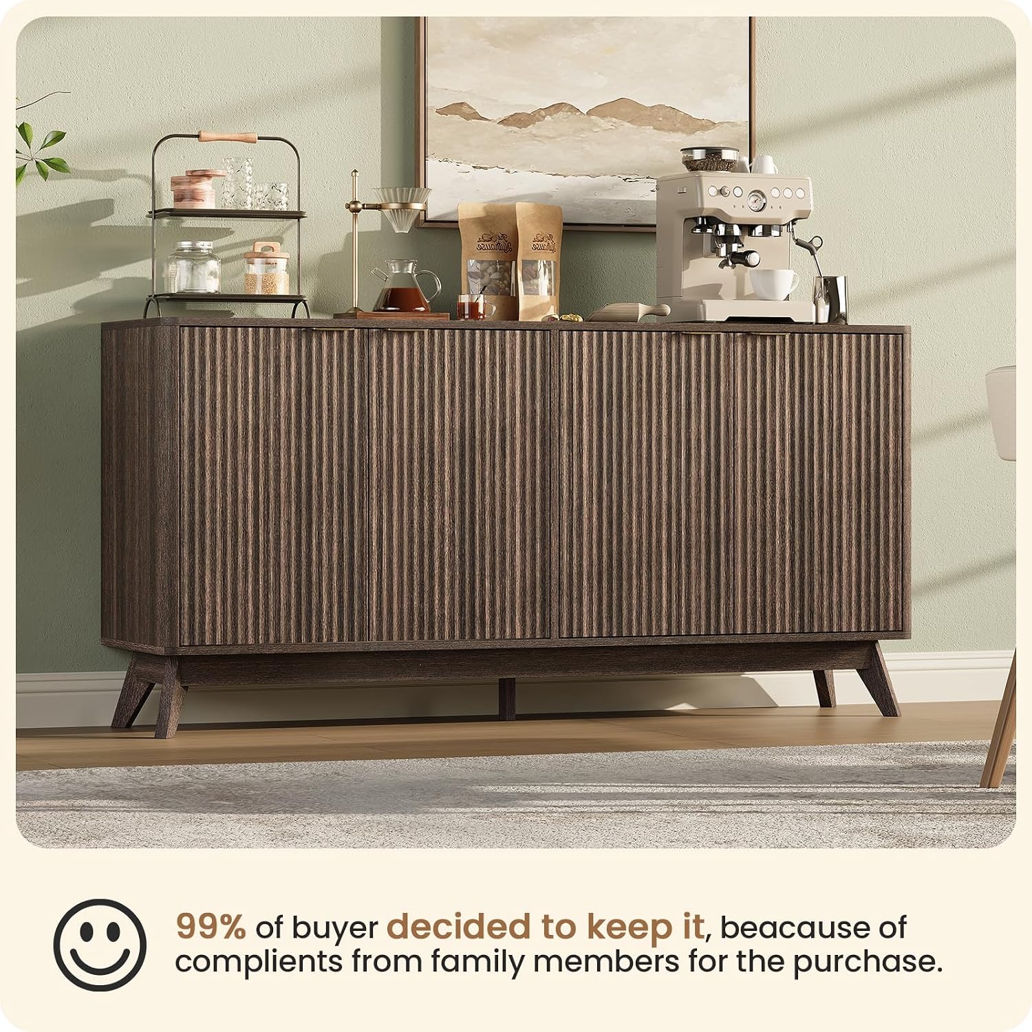 59'' Sideboard Buffet Storage Cabinet with Metal Handle, Fluted Cabinet with Rounded Corners, Modern Buffet Table Accent with 4 Doors for Coffee Bar, Console Table,Walnut