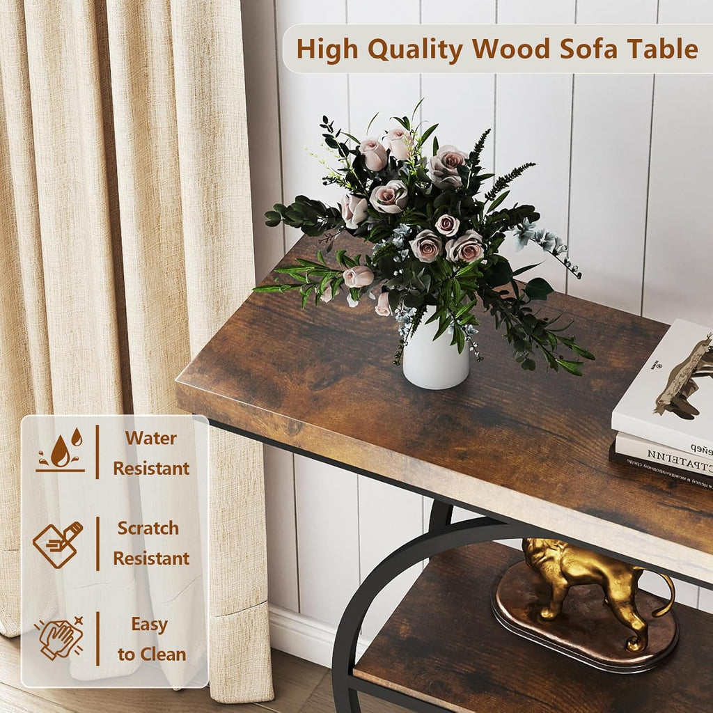 Arbuxzuy 41.3 Entryway Table, Industrial 3-Tier Narrow Console Table, Round Frame Foyer Table for Living Room, Hallway, Wood Accent Tables with Storage Shelves Brown & Black(Lagre)