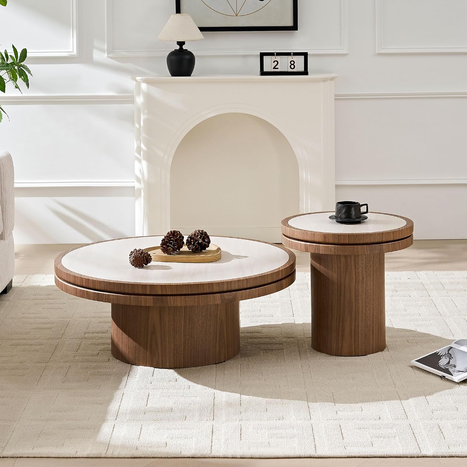 LKTART 19.49 Inch Round End Table with Sintered Stone Top, Mid-Century Modern Wood Table with MDF Pedestal, Small End Tables for Living Room Bedroom Apartment, Easy Assembly, Natural