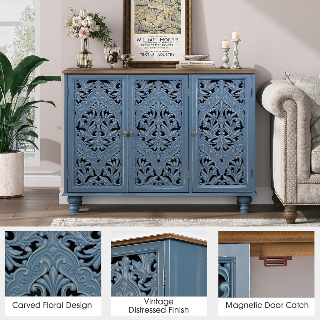 Jiansu furni Sideboard Buffet Cabinet with Storage, Accent Cabinet with 3 Doors and Adjustable Shelves,Buffet Table with Solid Wood Legs for Kitchen, Living Room, Hallway(Blue & Walnut)