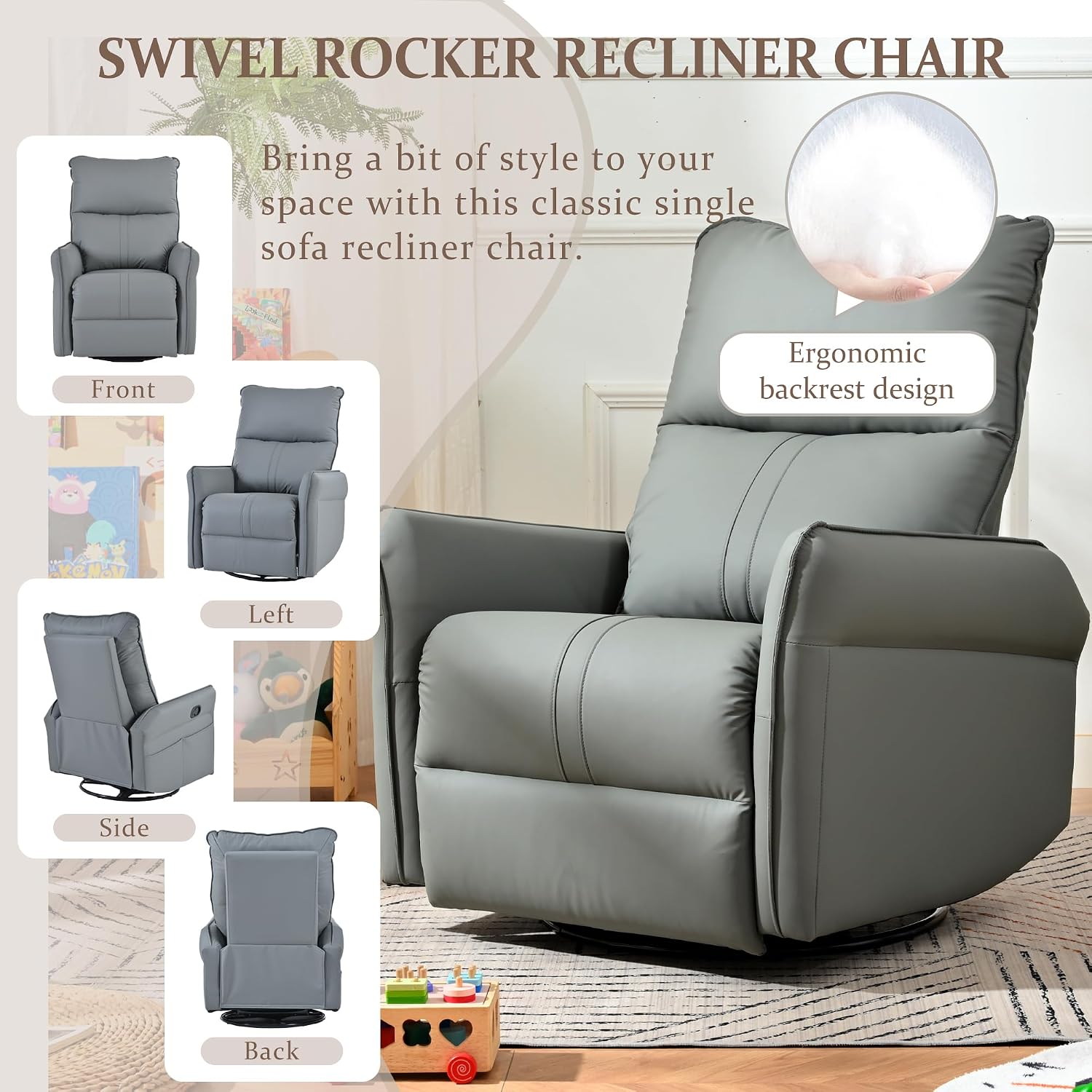 Power Swivel Rocker Recliner Chair for Nursery, Upholstered 270° Swivel Glider Rocker Chair with USB Ports, Small Power Recliners for Small Spaces Living Room