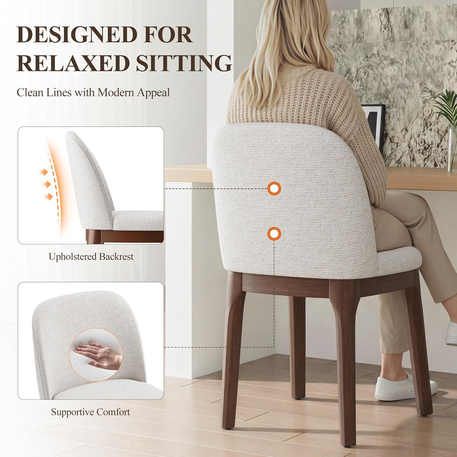 MALOL Wooden Dining Chairs Set of 2, Upholstered Kitchen & Dining Room Chairs with Thickened Wooden Legs, Farmhouse Side Chairs, Beige