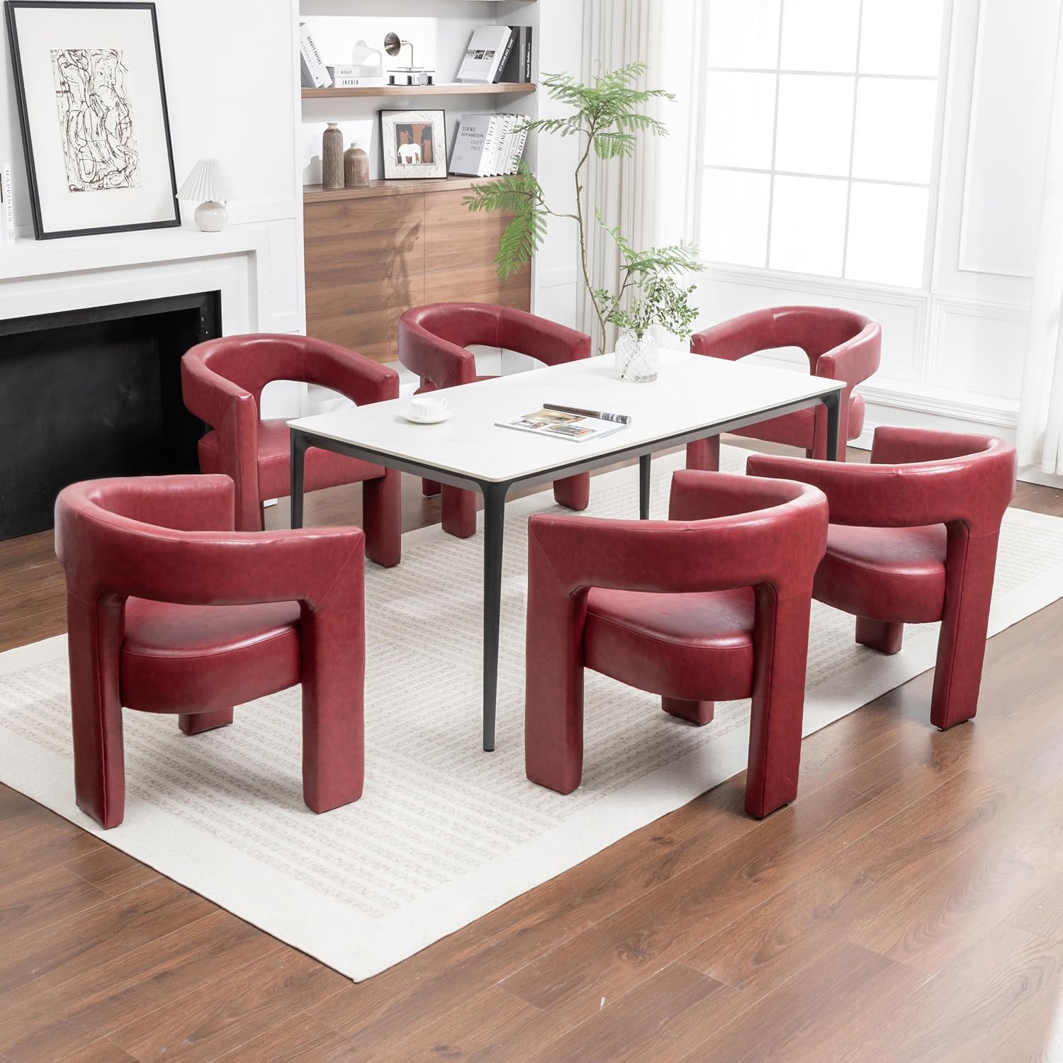 Modern Barrel Dining Chair, Comfy Faux Leather Upholstered Chairs with Open-Back, Assembled Vanity Chair, PU Leather Accent Chair Side Armchair for Dining Room, Kitchen, Living Room（Red）