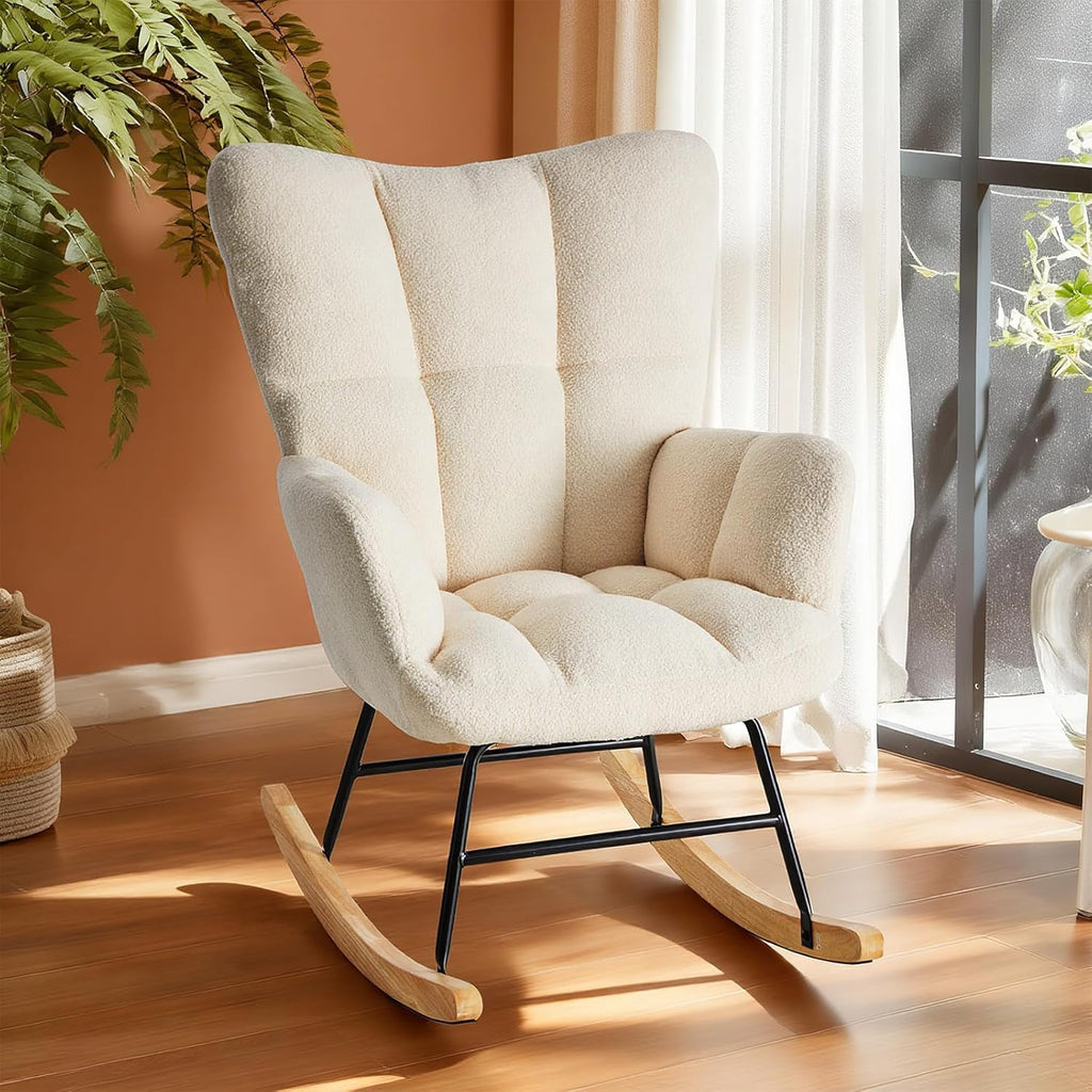 Nursery Rocking Chair, Teddy Upholstered Glider Rocker with High Backrest & Thick Cushion, Tufted Accent Armchair with Wood Legs, Comfy Reading Chair for Living Room Bedroom Office, Beige