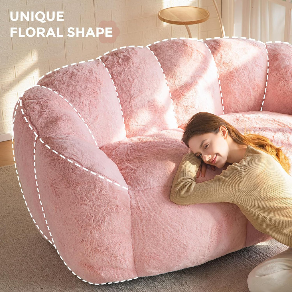 MAXYOYO Bean Bag Chair for Adults, Floral Shaped Bean Bag Sofa | Ultra Soft Faux Fur Floor Sofa, Large Reading Chair for Living Room Bedroom, Pink, Double