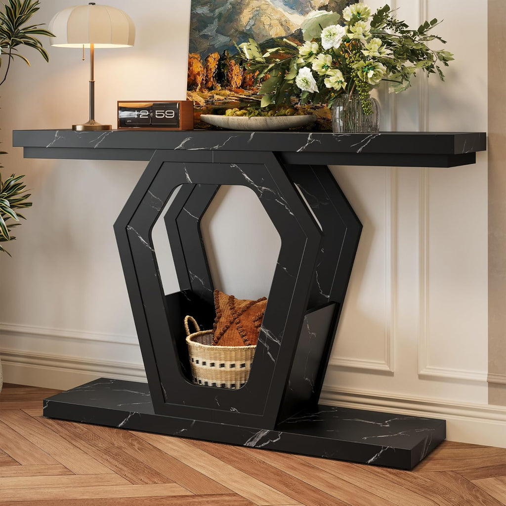 FUSUNBAO 47.3" Console Table,Openwork Bracket Sofa Table, Wood Narrow Entryway Table for Hallway, Behind The Couch, Living Room, Foyer, Easy Assembly (Black Marble Texture)