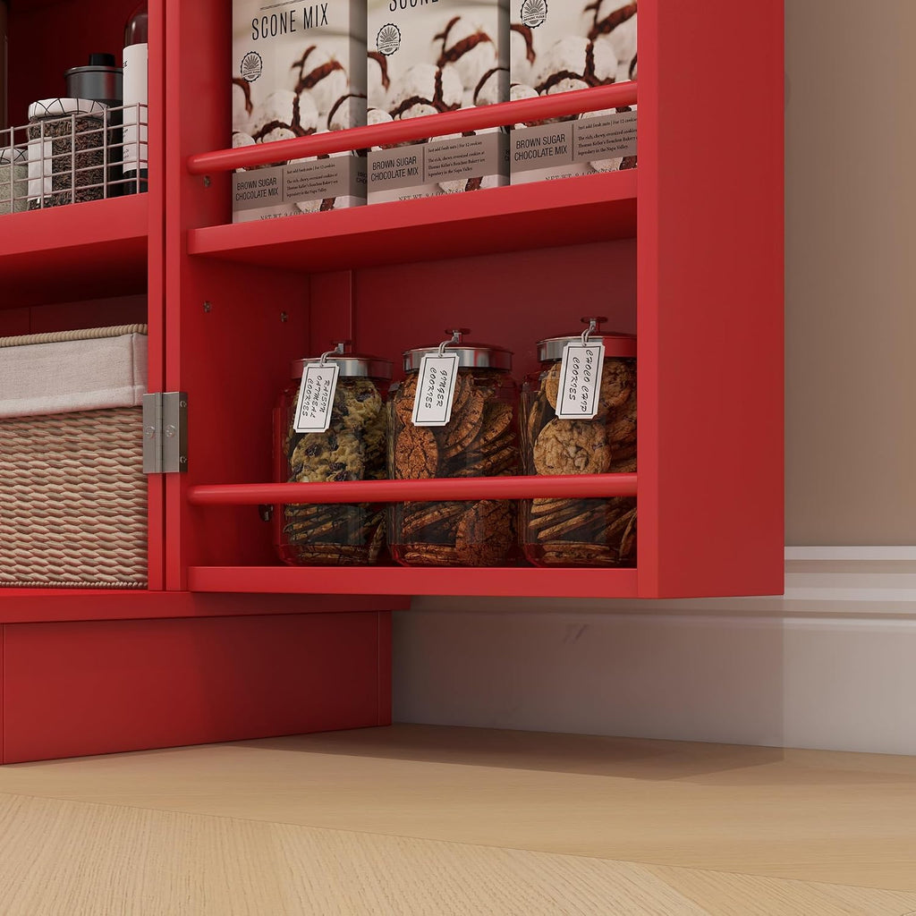 41" Kitchen Pantry Storage Cabinet, Red, with Double Doors, 12 Interior Shelves, Adjustable Shelves for Dishes and Cookbooks