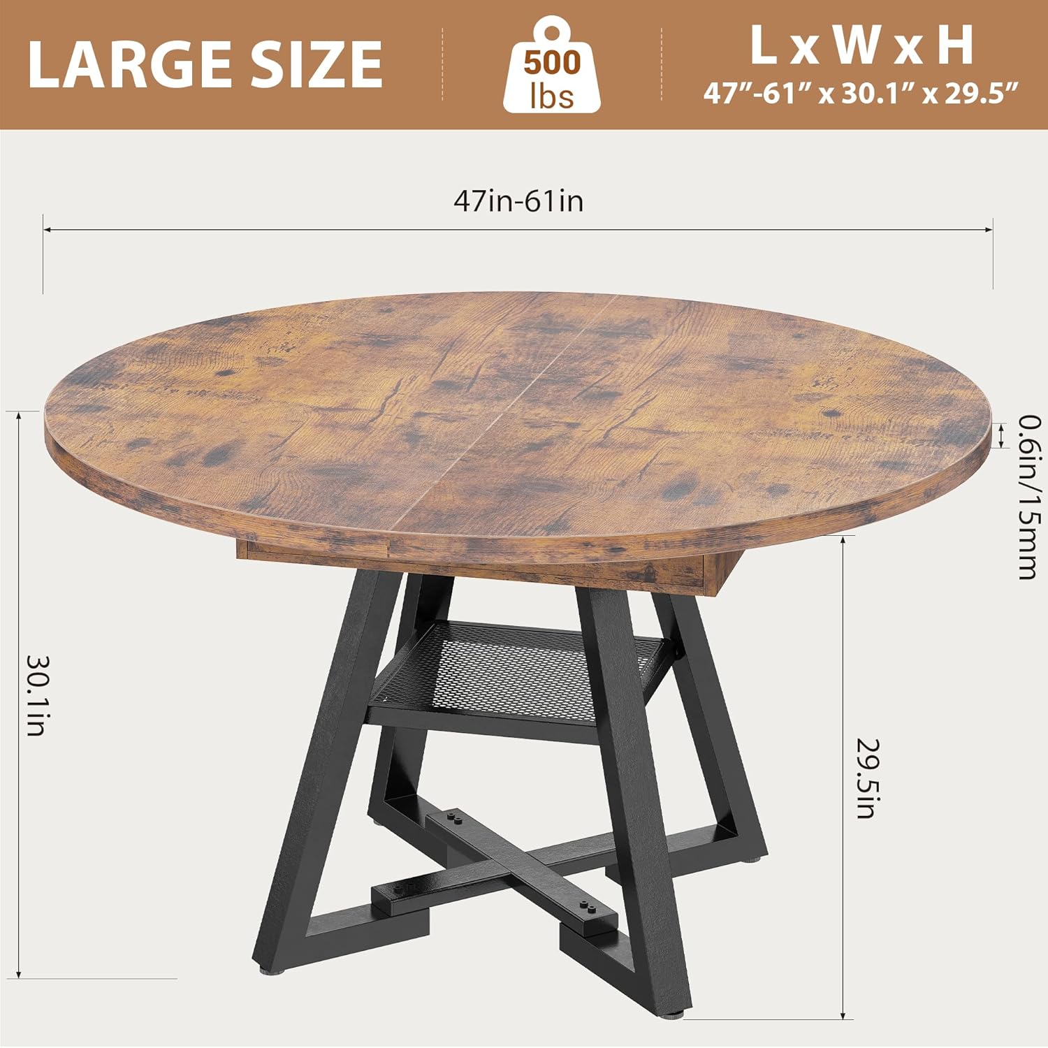 47‘’-61‘’ Extendable Round Dining Table for 6-8, Modern Industrial Kitchen Oval Dining Table with Removable Leaves, Space Saving Pedestal Base with Storage Shelf for Kitchen Living Room (Vintage)