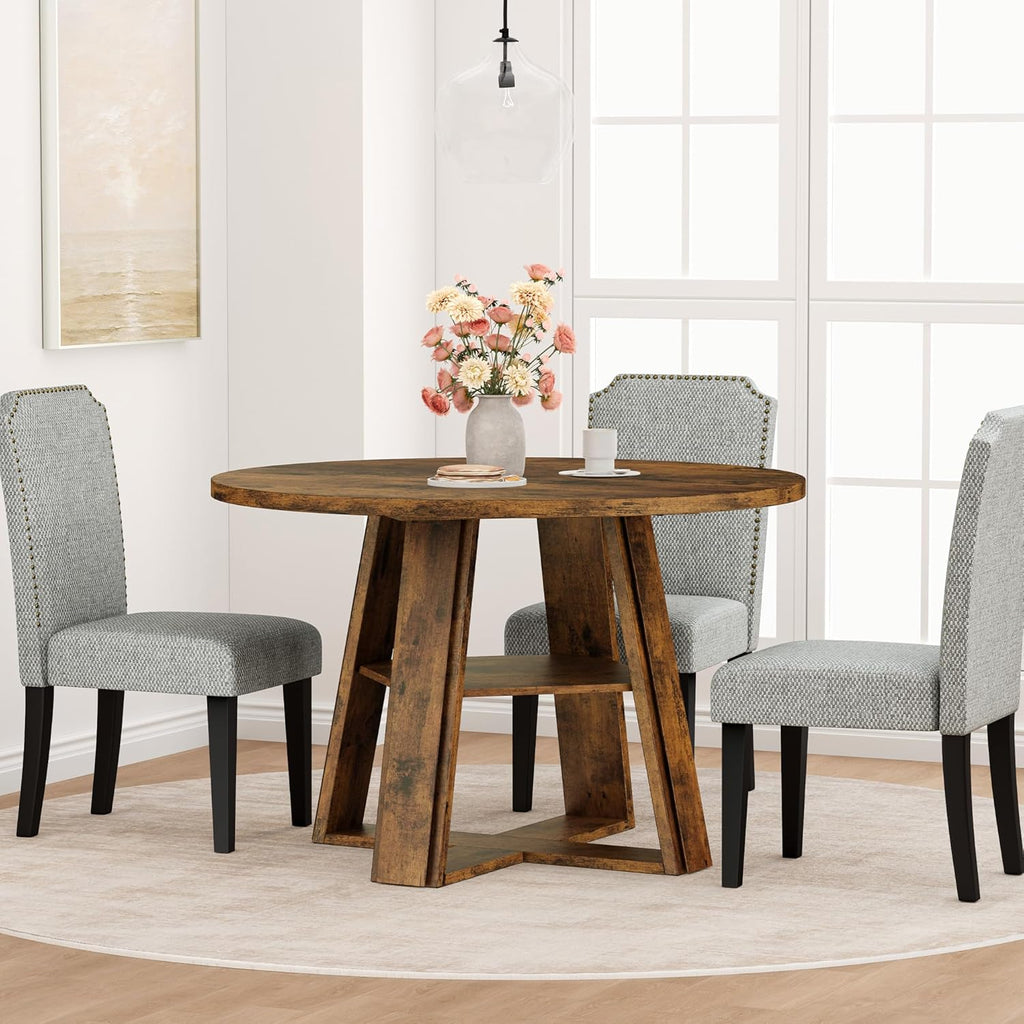Garvee 43.3" Round Dining Table for 4-6 People, Circle Kitchen Table with Wooden Pedestal Base and Storage Shelf Space Saving Dining Room Table for Kitchen, Living Room, Apartment