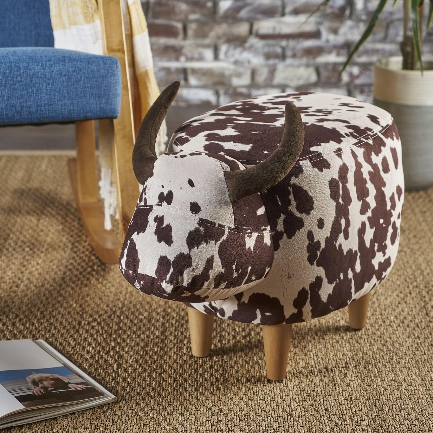 Brown and White Velvet Cow Shaped Ottoman, Cute Wood Foot Stool Shoes Changing Seat with Cushioned for Adult Living Room, Bedroom, Nursery Gameroom, Playroom, Porch Furniture