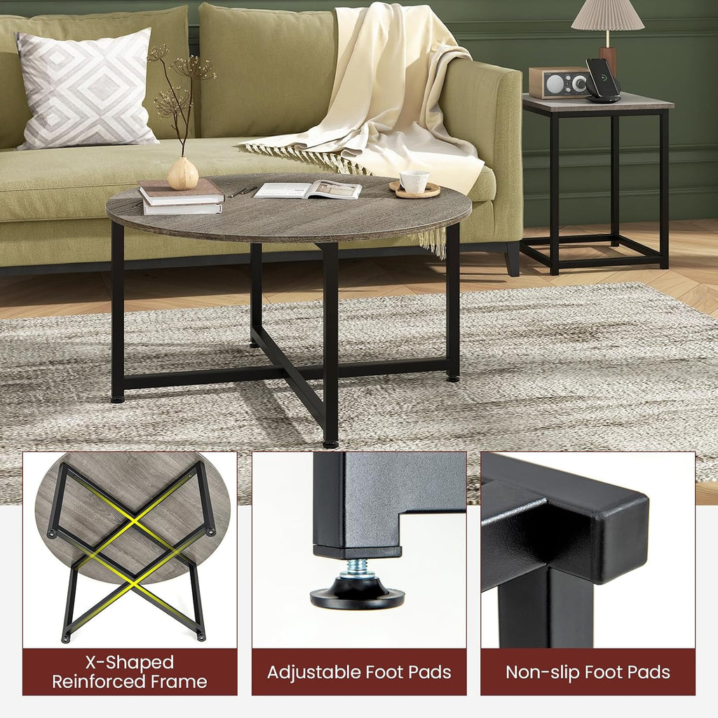 Giantex Round Nesting Table Set of 3, Farmhouse Coffee Table w/2 End Tables, Sturdy Metal Frame, 3-Piece Wooden Living Room Table Set for Home Office, Apartment (Black Oak)