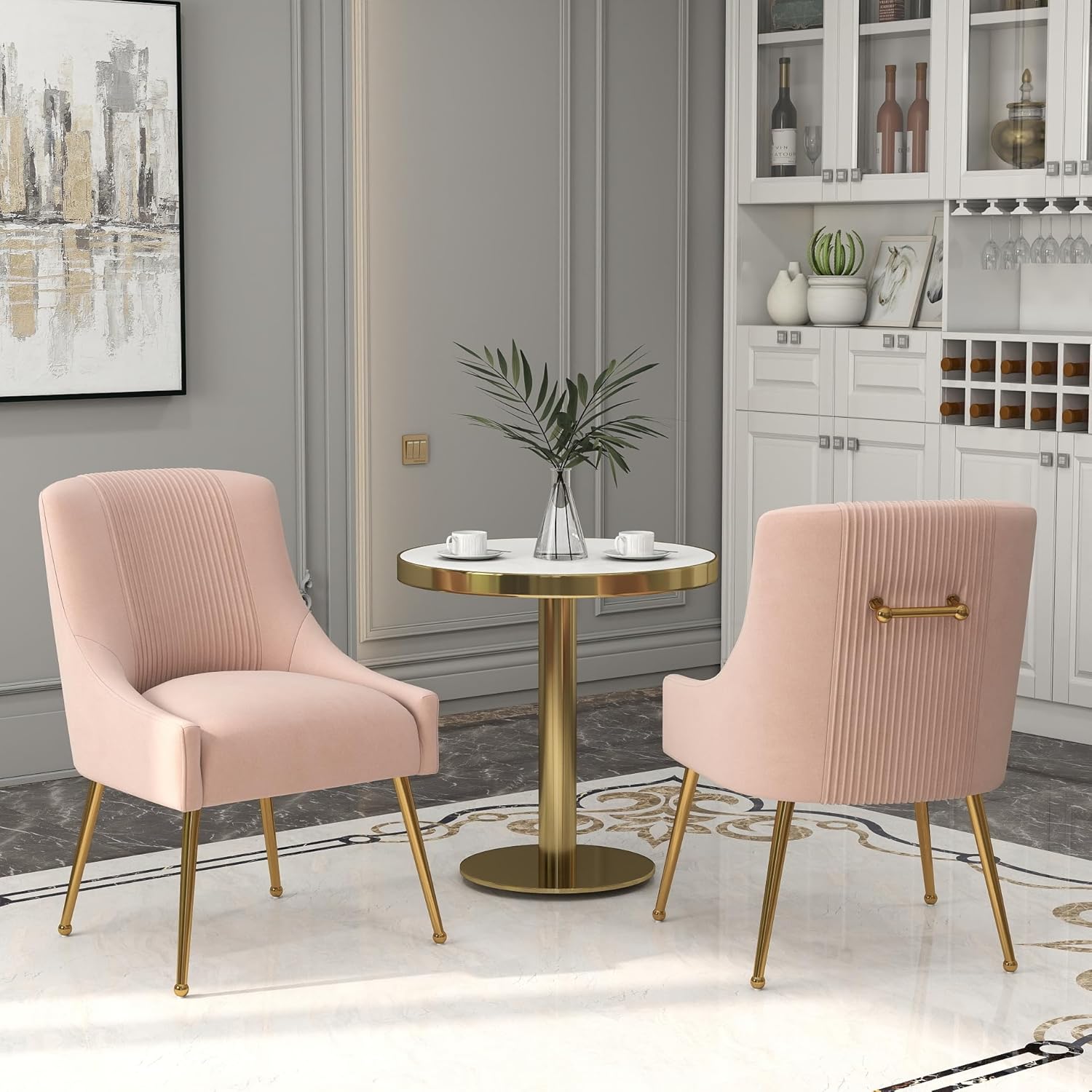 Modern Dining Chairs, Velvet Upholstered Dining Room Chairs with Gold Legs,Tufted Accent Chair Set of 2 for Reception Room Living Room Study Room(Pink)